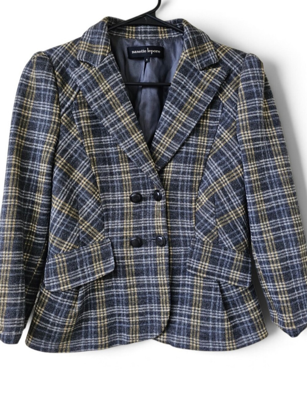 Nanette Lepore 100% Wool Blazer Grey & Yellow Plaid Fall Size 6